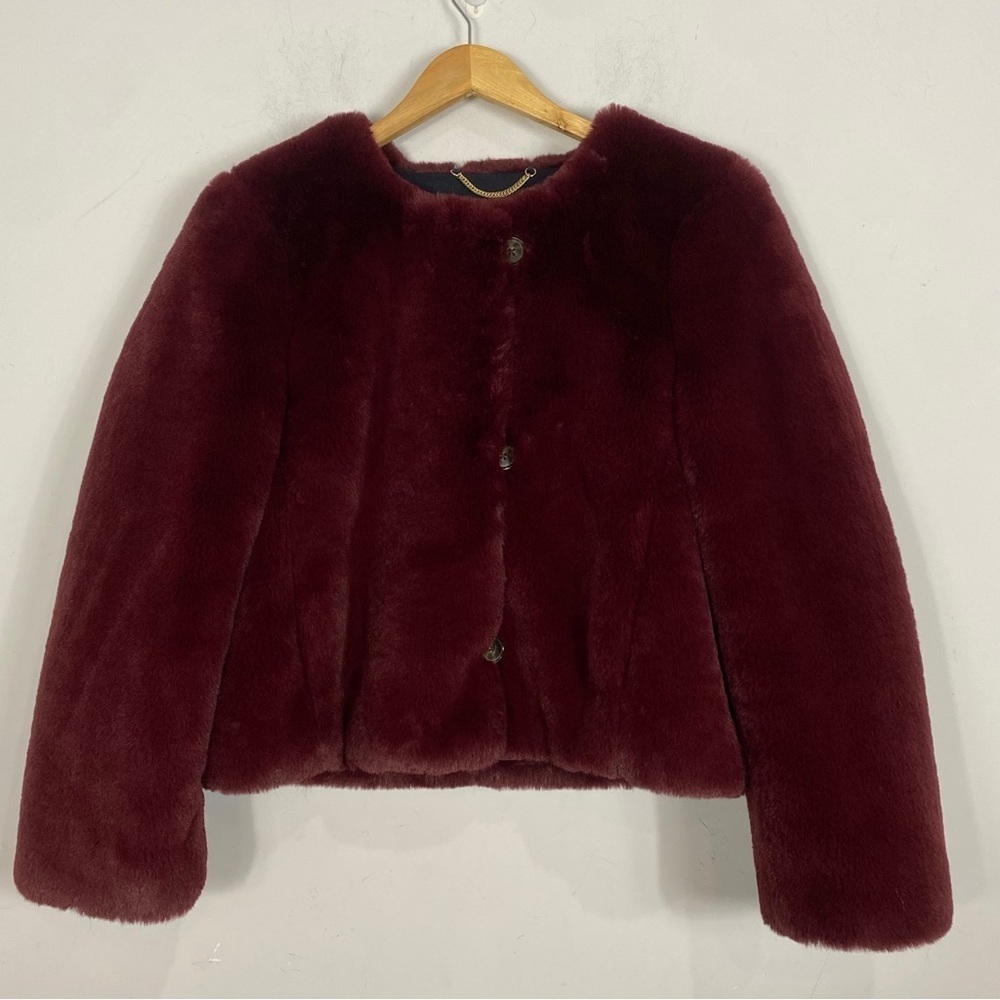 J.CREW Collection Louisa Lady Jacket Faux Fur Burgundy - Picture 2 of 9